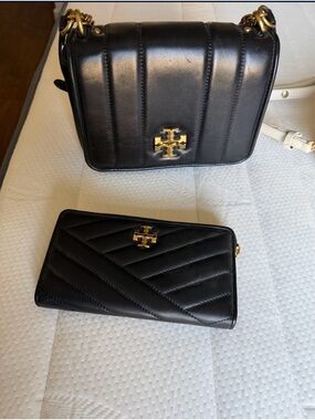 Tory Burch Black Quilted Leather Crossbody and Wallet with Gold Hardware
